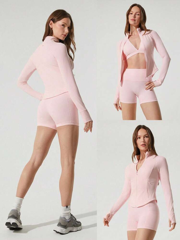 Veste active à manches longues FeatherFit™ de coupe slim avec fermeture éclair et poches, poignets pouces, adaptée pour le yoga, le Pilates, le studio et l'usage quotidien
