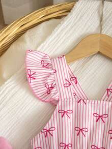 SHEIN Vintaside Kids Baby Girls' Cute & Fun Comfortable Woven Fabric Cap Sleeve Multilayer Ruffle Strap Romper, Suitable For Spring & Summer - Pink - View 7