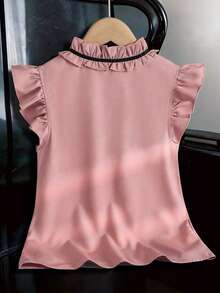Elladie kids 少女春夏休闲优雅通勤甜美圆领无袖荷叶边复古风衬衫，纯色衬衫 - 粉色 - 查看 2
