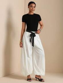 Vesra Pantalones holgados de mujer con cintura con cordón y estampado de lunares texturizados - Blanco - Ver 5