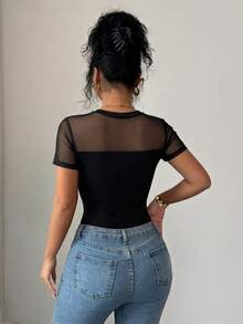 Elenzga 女士优雅黑色网纱拼接圆领短袖修身连体衣，春夏款 - 黑色 - 查看 2