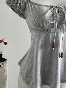 de manga corta holgada con lazo y decoración de perlas para mujer en verano - Gris Claro - Ver 4
