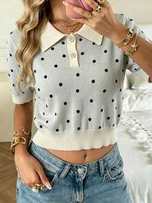 SHEIN EZwear 女款針織波點 Polo 領短袖上衣，優雅通勤百搭，夏季款 - 彩色 - 查看 3