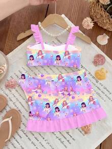 SHEIN K-Pop 超级巨星印花少女泳装，荷叶边装饰，三件套儿童泳装，沙滩度假写真套装 - 彩色 - 查看 2