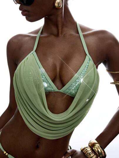 LYSMO 2026 New Arrive Minimalism Spring/Summer Women's Summer Beach Solid Color Splice Sequin Draped Neck Bikini Top/Resort/Beach /Beach Outfit For Women/Beach Outfits For Women / Beach Outfits /Women's Elegant Beach Swimsuit/Beach Cover-Up Women /Elegant Women's Blouses/Sequin Top /Green Sequin Swimsuit Bikini Top/Sequin Top /Y2k/Boho Bikini Top