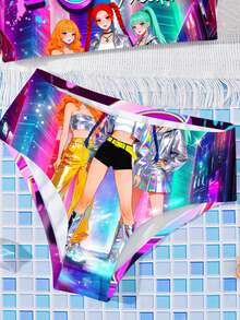 SHEIN Conjunto de traje de baño deportivo con estampado de personaje de dibujos animados y camiseta de tirantes colorida, adecuado para el verano - Multicolor - Ver 4
