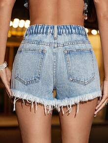 Quần short denim màu xanh nhạt ôm sát, đính đá lấp lánh họa tiết kim cương, có tua rua, dành cho bé gái. - Rửa nhẹ - Xem 2