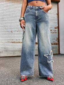 GARFIELD | SHEIN Women's Casual Fashion Street Chic Daily Commute Cartoon Print Frayed Hem Star Pattern Loose Wide Leg Jeans - Blue - View 4