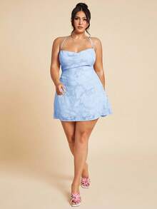 SHEIN BAE Vestidos de ocasión de satén para mujer de talla grande - Vestidos de novia, vestidos de dama de honor, vestidos de fiesta, vestidos para citas, vestidos de vacaciones, vestidos de verano - Celeste - Ver 3