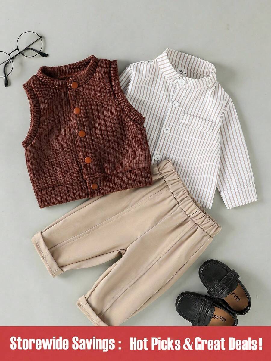 Baby Boy Unisex Infant Casual Striped Long Sleeve Mandarin Collar Shirt, Khaki Casual Pants And Faux Knitted Vest 3-Piece Set Fall Winter Baby Boy Fall Clothes Baby Casual Sets Brown Vest Mocha Baby Clothes Baby Boy Outfit 6M-3T Baby Boy Clothes Baby Boy Outfits Kids Clothes Boys - Multicolor - View 1