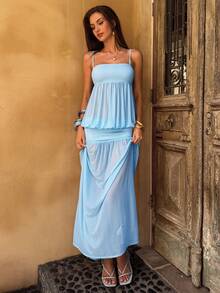 SHEIN BAE Women's Elegant Long Dress, Suitable For Beach Vacation, Elegant Outings, Beach Occasions, Blue Dress, Spaghetti Strap Blue Mesh Dress - Blue and White - View 6