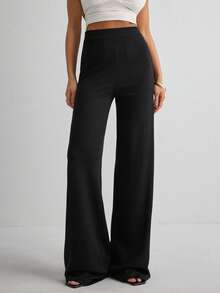 Women's Casual Solid Color Wide Leg Pants - Black - View 1