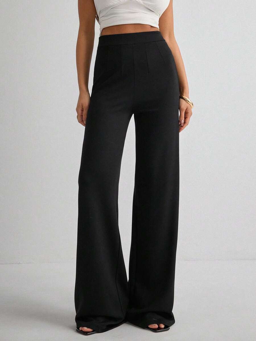 Women's Casual Solid Color Wide Leg Pants - Black - View 1