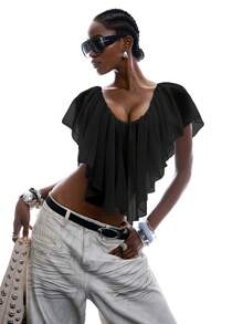 LYSMO 2026 New Minimalist Spring/Summer Women's Solid Color Ruffle Asymmetric Hem Blouse, Summer Top, Black - Black - View 7