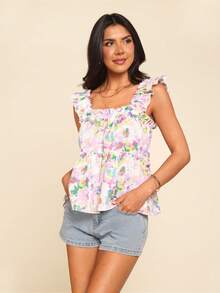 Coeurva Women's Elegant Boho White Floral Print Sleeveless Top,Comfortable Square Neck Summer Blouse,Cute Girly Tops For Holiday Vacation,Daily Casual Wear - Purple - View 4