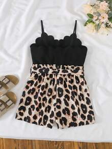 Tween Girls' Casual Everyday Vacation Petal Collar Patchwork Contrast Leopard Print Jumpsuit - Black - View 4