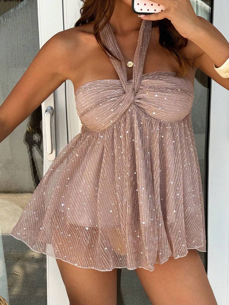 Sequin Mesh Halter Backless Flared Hem Top, Sexy Summer Vacation Vest For Women