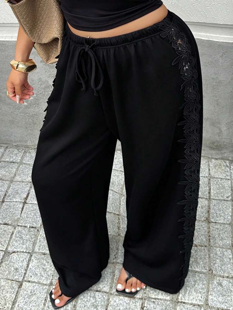Dazy Plus Plus Size Women's Solid Color Contrast Lace Elastic Waist Loose Casual Pants, Suitable For All Seasons, Black