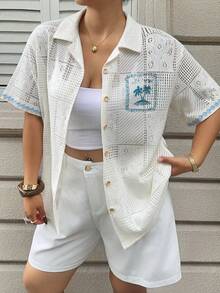Dazy Plus 复古镂空蕾丝边度假风宽松蕾丝罩衫，短袖加大码女式春夏衬衫 - 杏色 - 查看 2