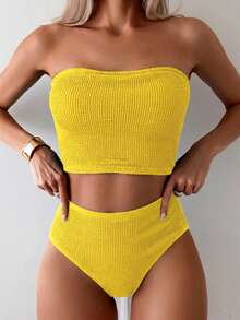 Swim Basics 女士纯色抹胸式吊带背心泳衣套装，包含上衣和三角泳裤，适合夏季度假。 - 黃色 - 查看 2