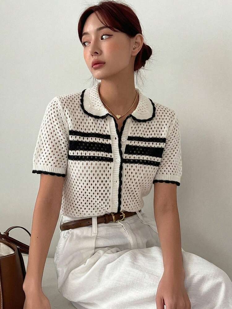 Women's Peter Pan Collar Loose Striped Patchwork Hollow Design Knit Top, Spring & Summer Business Casual Woman