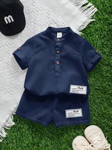 SHEIN 2pcs Baby Boy Casual Cute Vacation Style White Short Sleeve Shirt And Shorts Set, Suitable For Spring/Summer - Navy Blue - View 5