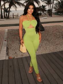 SHEIN SXY Green Halter Neck Bodycon Jumpsuit For Vacation - Green - View 1