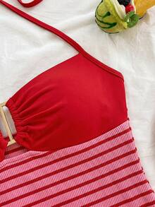 Soleia 两件套度假休闲条纹针织纹理金属扣吊带露脐上衣和短裤套装，适合派对、情人节、约会之夜、夜店、波西米亚风、复古风、假日等场合。 - 紅色 - 查看 9