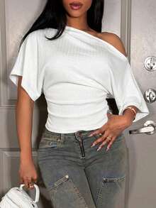 Slaydiva 95%纯棉不对称肩部收褶腰身蝙蝠袖女式T恤，百搭款式，适合春夏穿着 - 白色 - 查看 6