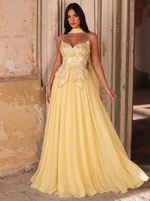 Glamrae Elegante, romántico, de moda y digno vestido de línea A con bustier de tela de gasa amarilla con parches de cuentas, adecuado para fiestas elegantes, bodas, despedidas de soltera y cenas formales - Amarillo - Ver 6