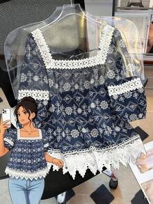 GlowEve CURVE Boho Plus Size Square Neck Half Puff Sleeve Top Adorned With Folk Custom Blue Pattern - Blue - View 1