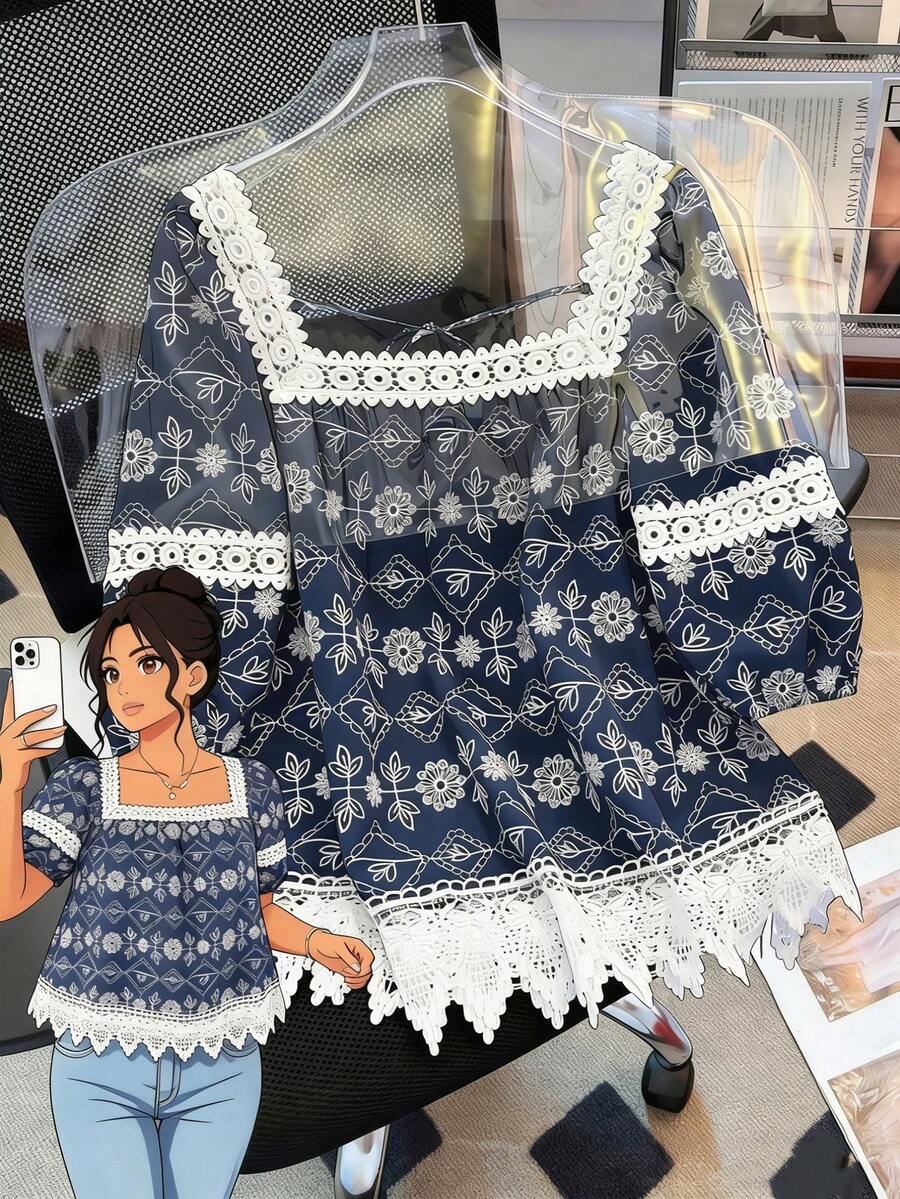 GlowEve CURVE Boho Plus Size Square Neck Half Puff Sleeve Top Adorned With Folk Custom Blue Pattern - Blue - View 1