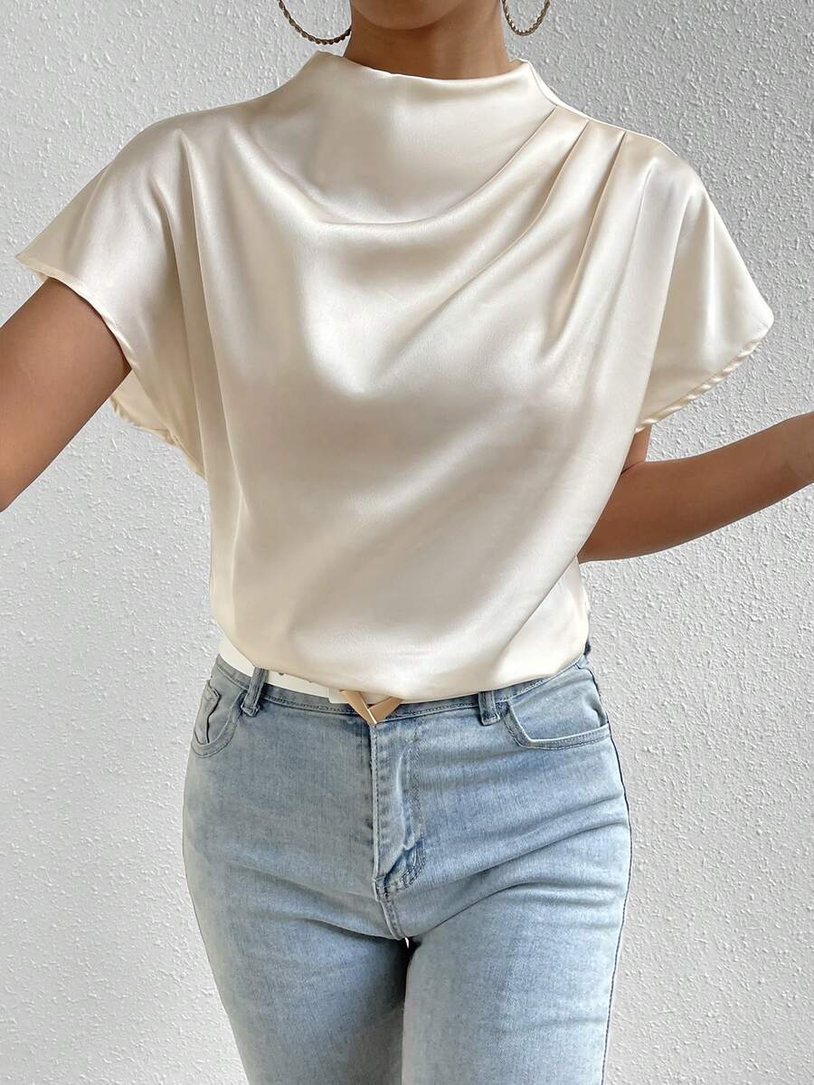 Islaluna Blusa de cuello alto de manga murciélago de satén - Albaricoque - Ver 1
