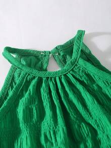 SHEIN Vintaside Kids 女童休闲简约时尚日常圆领无袖短款纯色纹理面料定制绿色女童夏季背心，松紧腰宽松长款纯色休闲裤，女童返校装，女童夏季户外旅行度假服装 - 綠色 - 查看 5