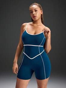 Powerista Mono deportivo de talla grande para mujer con contraste de ribete y espalda cruzada sin espalda para el verano - Azul - Ver 5