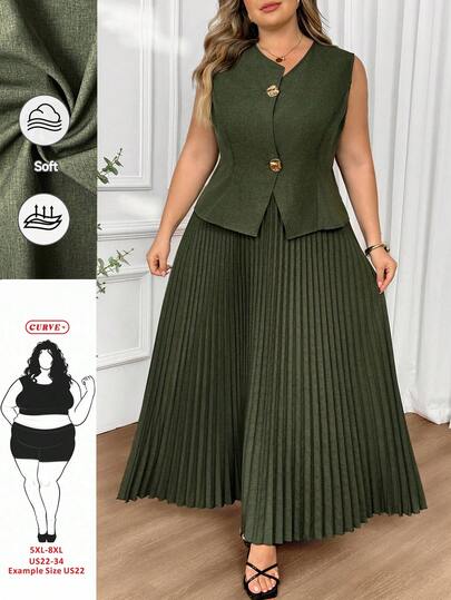 SHEIN CURVE+ 大码夏季优雅纯色无袖上衣和百褶裙两件套 春季