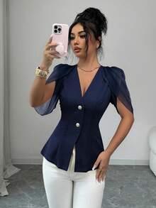 SHEIN Elenzya 女士优雅浪漫修身西装外套，V领设计，褶裥收腰 - 藏蓝色 - 查看 6