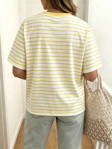 EMERY ROSE Striped Round Neck Casual Short Sleeved T-Shirt, Plus Size Women's T-Shirt, Summer - Multicolor - View 2