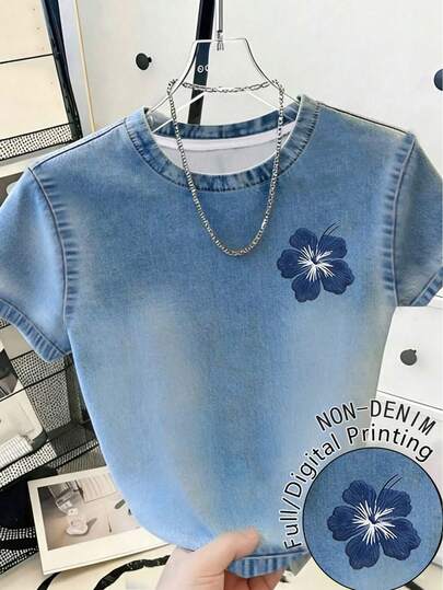 Teen Girl Casual Denim Effect Print Short Sleeve T-Shirt, Flower Print, Summer