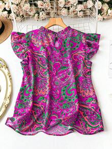 EMERY ROSE Áo kiểu nữ cỡ lớn, thanh lịch, cổ bèo nhún, tay ngắn, họa tiết hoa nhí, dáng rộng, thích hợp cho kỳ nghỉ và mặc hàng ngày. - Màu tím - Xem 2