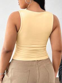 SHEIN EZwear 大码女式夏季休闲日常通勤简约纯色褶皱修身加厚吊带背心 - 杏色 - 查看 2