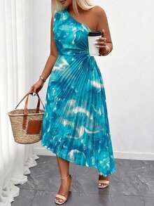 Breezaya Đầm xếp ly không tay cổ lệch màu ombre thanh lịch dành cho phụ nữ cỡ lớn - Màu xanh lam - Xem 4