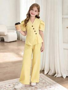 SHEIN Bộ 2 món cho bé gái: Áo tay cánh hoa cài chéo, gấu quần xếp ly và quần ống rộng thẳng. - Màu vàng - Xem 4