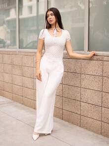 Andrea Bello 女式前系带波尔卡圆点圆领短袖T恤夏季可爱上衣 - 白色 - 查看 5