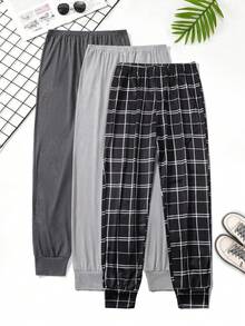 SHEIN Set de 3 pantalones de estar por casa con cintura elástica, a cuadros + unicolor, ropa de otoño e invierno para hombres - Multicolor - Ver 2