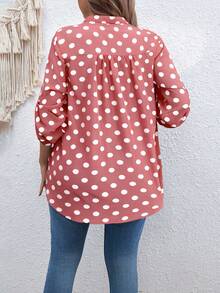 SHEIN Áo kiểu dáng cỡ lớn, cổ chữ V, tay dài, chấm bi, phong cách retro. - Bụi hồng - Xem 2