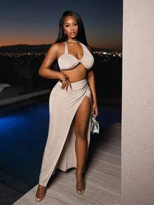 BamGleam Ensemble décontracté d'été pour femmes, tenue de vacances à la plage. Débardeur court sexy à une épaule kaki avec jupe mi-longue - Kaki - Voir 9