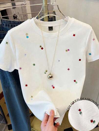 Everyssa 女士时尚休闲水钻装饰方领纯色宽松短袖T恤