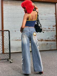 GARFIELD | SHEIN Women's Casual Fashion Street Chic Daily Commute Cartoon Print Frayed Hem Star Pattern Loose Wide Leg Jeans - Blue - View 8