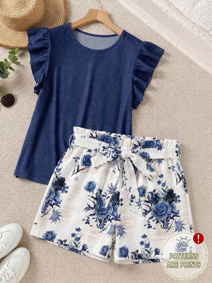 SHEIN LUNE Bộ đồ hai mảnh gồm quần dài màu xanh dương và áo tay ngắn phối màu tương phản, kiểu dáng thường ngày, cỡ lớn. - Nhiều màu - Xem 1